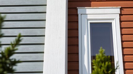Fototapeta premium Exterior House Detail: Gray and Reddish-Brown Siding with White Window