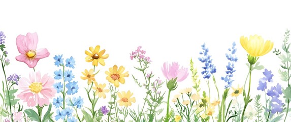 Watercolor Painting of a Wildflower Meadow Border