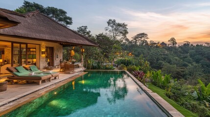 Naklejka premium A swimming pool beside a luxurious villa, glowing under the vibrant hues of the morning sky.