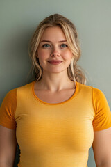 Obraz premium Woman in yellow shirt running along a sunny beach with waves crashing in the background.