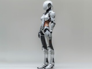 A futuristic humanoid robot with a sleek, metallic design.