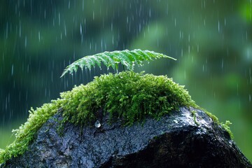 Fototapeta premium Fern sprout on mossy rock in rainfall. Nature photography ideal for themes of growth, resilience, and serenity.