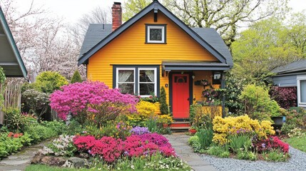 A vibrant cottage garden with a mix of wildflowers and flowering shrubs in spring.