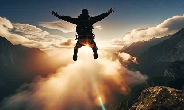 A skydiver leaps into the sunset, surrounded by mountains and clouds, capturing the thrill of adventure and the beauty of nature.