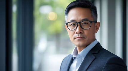 Fototapeta premium Portrait of a serious Asian businessman in glasses and a business suit, set against the backdrop of a modern office environment.