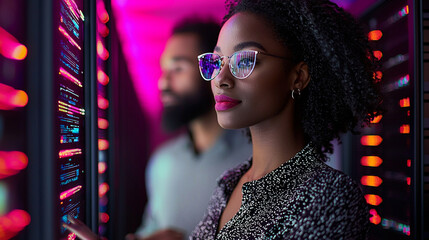 Woman in glasses examines server room data.