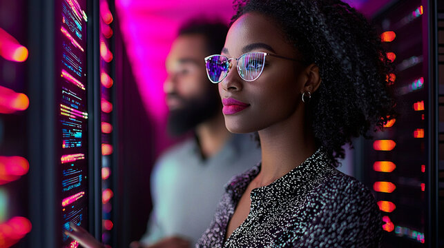 Woman in glasses examines server room data.