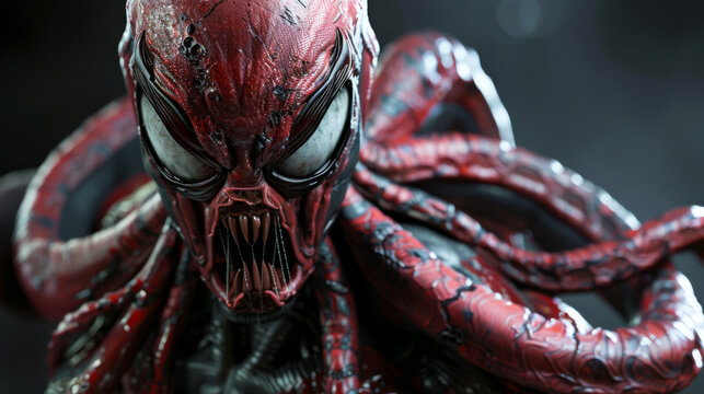 Carnage's Twisted Visage, A Horrifying Symbiote Close-Up with Razor Teeth and Sinister Tentacles,