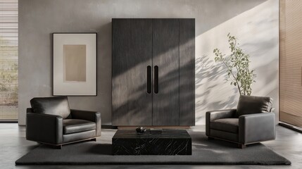 Generative AI, Minimalist living room with cream boucle sofa and modern rattan armchair