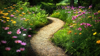 A winding pathway through a meadow filled with wildflowers of pink, yellow, and purple.