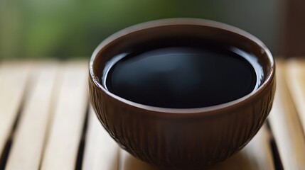 A bowl of black sesame soup served in a traditional ceramic bowl with ample negative space.