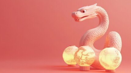 Fototapeta premium Wooden Dragon Sculpture with Illuminated Lanterns