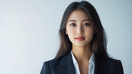 Portrait of a young Asian businesswoman against a white background. The image showcases her professional demeanor and youthful confidence, with a focus on her business attire and poise.