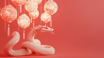 Obraz premium Wooden Dragon Snake with Hanging Lanterns Background