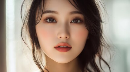 Naklejka premium Portrait of a young Asian woman showcasing beauty and confidence.