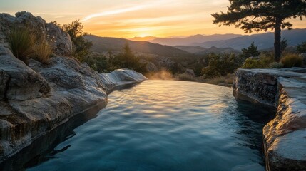 A scenic view of a hot spring pool carved into natural rocks, with crystal-clear water reflecting the golden hues of sunset, nestled in a peaceful mountain setting.