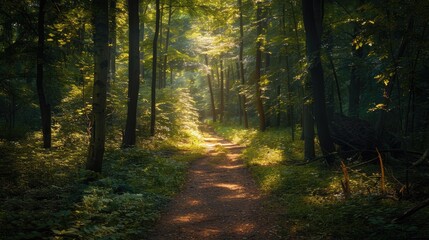 Obraz premium High-end photography of a secluded forest trail with dappled sunlight filtering through the trees