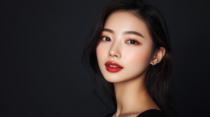 Naklejka premium Portrait of a young Asian woman showcasing beauty and confidence.