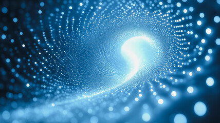 Digital Vortex: Abstract swirling blue light tunnel of particles. Futuristic technology, data...