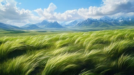 A sprawling field of soft, green grass gently swaying in the breeze with distant mountains and a clear sky as a picturesque backdrop, evoking a sense of calm and tranquility.