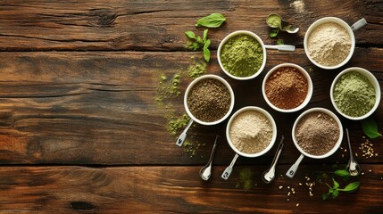 A clean flat lay of plant-based protein powders in small bowls with measuring scoops, arranged on a rustic wooden surface with room for text.