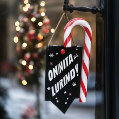 Christmas Opening Hours, a black sign with white text and a candy cane decoration, hanging on door sign, banner, advertisement, and flyer, created with generative ai .