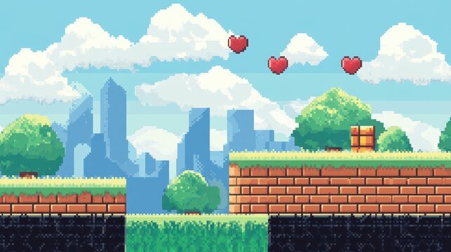 Retro 8-bit pixel art game interface background, evoking nostalgia with its classic video game aesthetics.