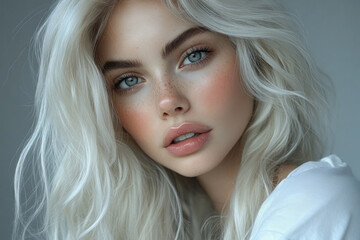 Fototapeta premium Blonde woman with long hair and blue eyes, holding a bouquet of sunflowers, smiling joyfully in a sunlit field.