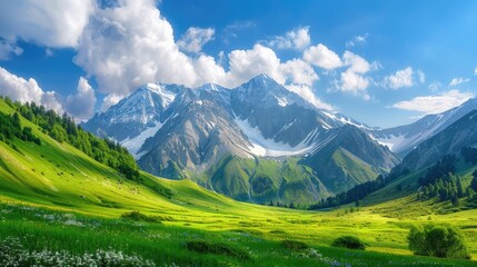 Obraz premium High-end photography of a serene mountain landscape with green meadows and snow-capped peaks under a blue sky