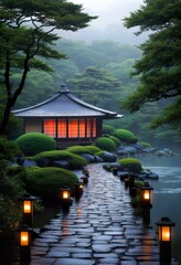 Fototapeta premium A tranquil Japanese garden scene. A stone path lined with lanterns leads to a traditional wooden house beside a misty pond. Lush greenery surrounds the peaceful setting