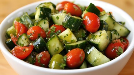 A clean white bowl with a Mediterranean salad featuring olives, cucumbers, and cherry tomatoes, placed on a bright surface.