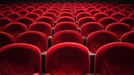 Obraz premium Rows of red cinema or theatre seats arranged neatly against a plain background, evoking a sense of anticipation and readiness for a performance or film.