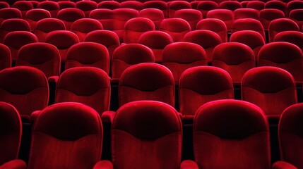 Fototapeta premium Rows of red cinema or theatre seats arranged neatly against a plain background, evoking a sense of anticipation and readiness for a performance or film.