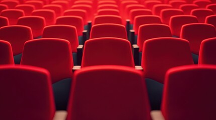 Obraz premium Rows of red cinema or theatre seats arranged neatly against a plain background, evoking a sense of anticipation and readiness for a performance or film.
