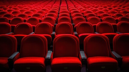Naklejka premium Rows of red cinema or theatre seats arranged neatly against a plain background, evoking a sense of anticipation and readiness for a performance or film.