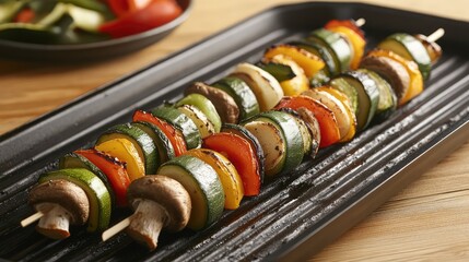 A close-up of colorful vegetable skewers with zucchini, bell peppers, and mushrooms, placed on a grill pan with ample space for text.
