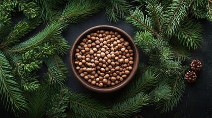 Rustic pine nuts nestled in a bowl surrounded by fresh evergreen branches, creating a natural and earthy composition.