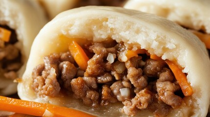 Steamed pork buns, close-up, kitchen setting, recipe background, food blog