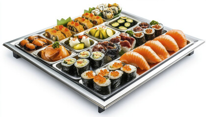Delicious sushi platter featuring various sushi types, including salmon, rolls, and garnishes, perfect for catering events or gatherings