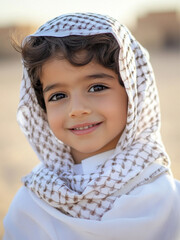 a cute little Emirati boy wearing traditional and a white scarf, smiling in the desert with Saudi Arabian houses behind him.