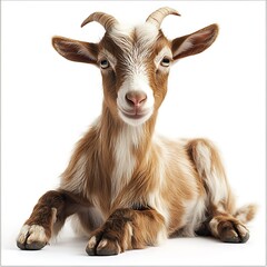 Obraz premium Adorable baby goat resting, white background. Perfect for farm animal themes.