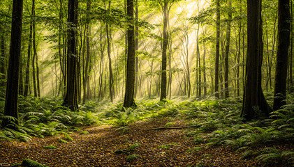 Obraz premium Sunlight streams through trees ferns cover forest floor.