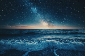 Starry night sky over the ocean with a glowing full moon reflected on calm waters, illuminating a lone sailboat on the horizon.