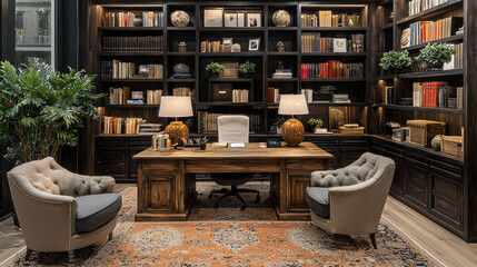 Fototapeta premium Home office interior with desk, chairs, bookshelves, and city view