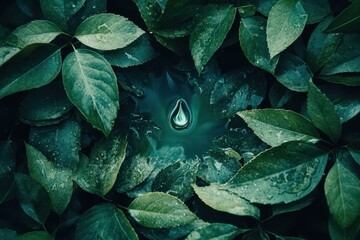 A water droplet rests in a pool amidst lush, dark green leaves. Illustrates concepts of nature, purity, and the environment.