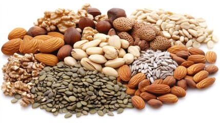 Obraz premium A flat-lay of assorted nuts and seeds like almonds, sunflower seeds, and walnuts arranged on a clean white surface.