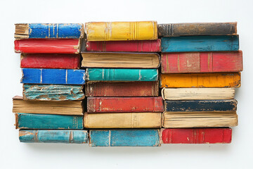 Stack of old books on a wooden table, bathed in warm sunlight, casting shadows on the surface.