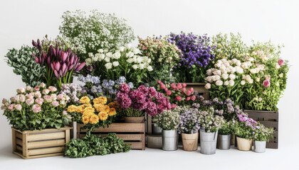 vibrant flower shop display featuring variety of colorful blooms in wooden crates and metal buckets, creating cheerful and inviting atmosphere