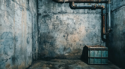 Musty Basement with Exposed Pipes and Mold Growth on the Walls and Floor Space