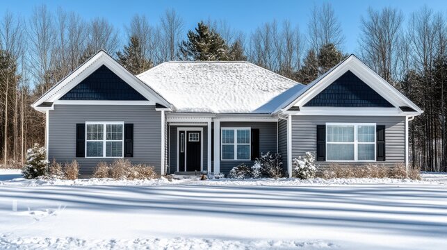 Modern Gray House Surrounded by Snow-laden Landscape with Clear Blue Sky and Leafless Trees in Winter Season Perfect for Real Estate and Architecture Photography
